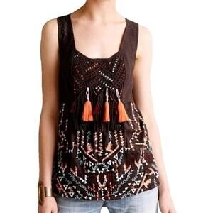 Akemi + Kin Anthropologie‎ Boho Embroidered Tank Top Sz Small Tassels Fringe